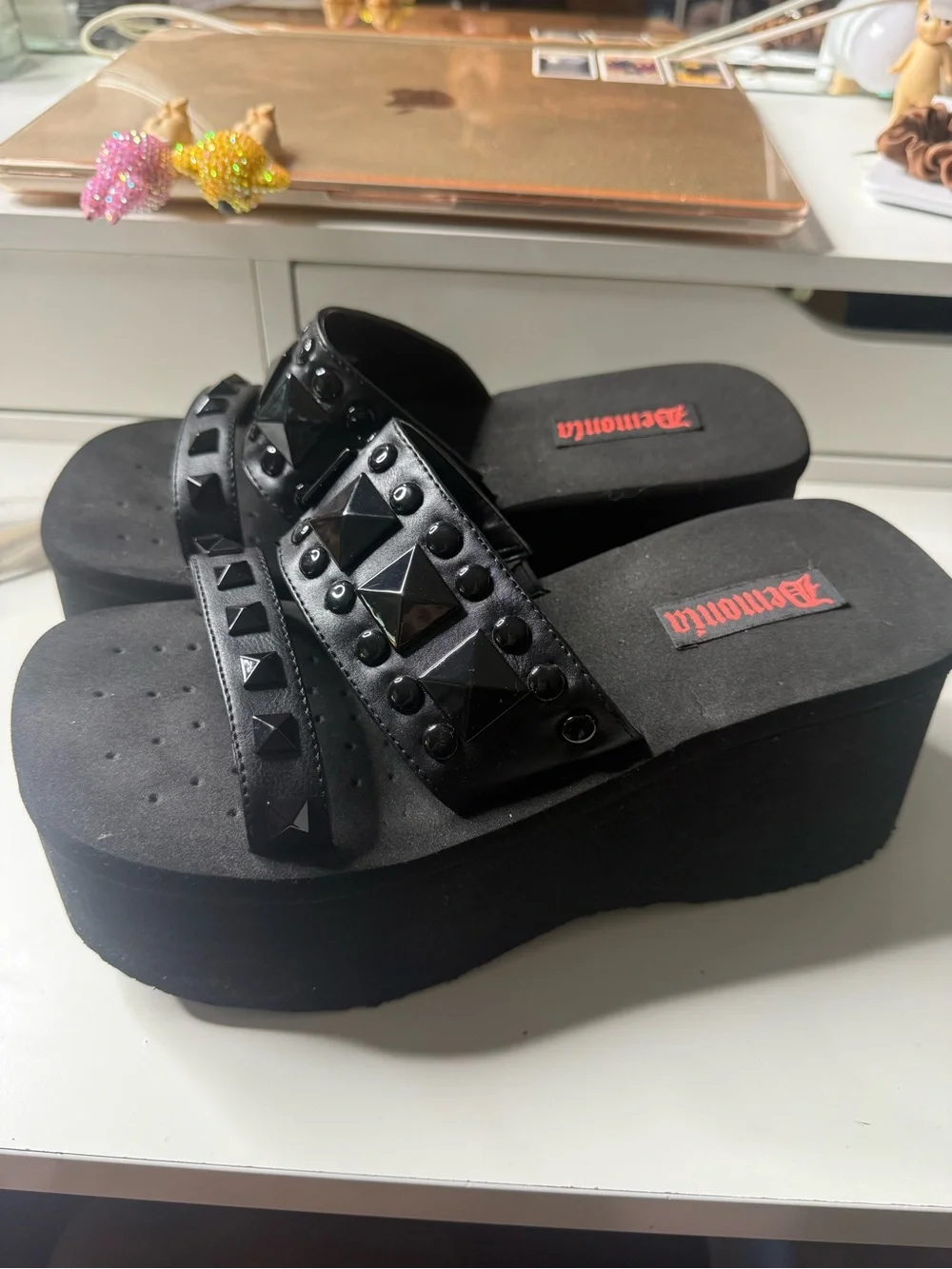 Demonia Black Studded Platform Slide Sandals